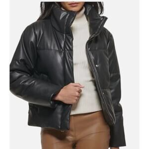 Levi's Women's Vegan Leather Quilted Cropped Puffer Jacket Black Medium